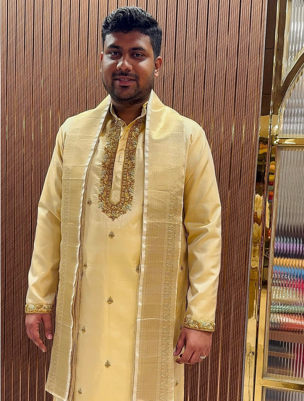 Regal Cream & Gold Silk Kurta Ensemble with Hand-Embroidered Zardozi Placket | Client Spotlight