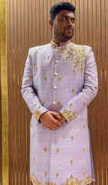 Regal Lilac Raw Silk Sherwani with Gold Zardozi Asymmetrical Floral Embroidery | Client Spotlight