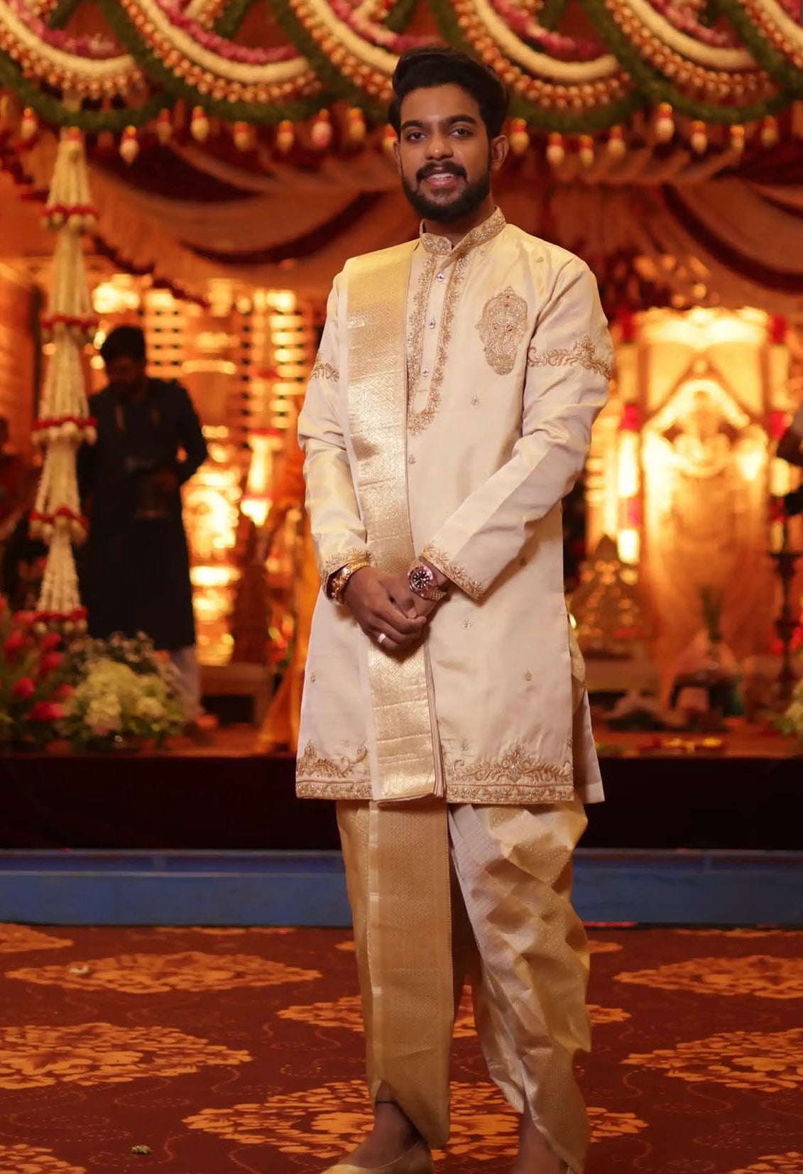 Opulent Ivory & Gold Indo-Western Sherwani and Dhoti Set with Lord Ganesha Embroidery | Client Spotlight