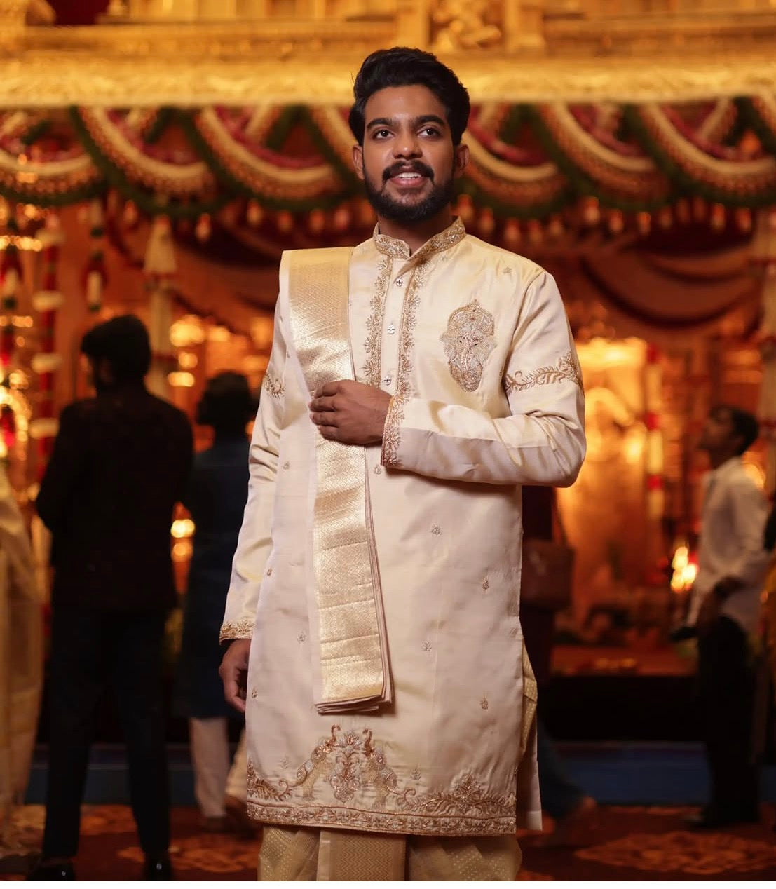 Opulent Ivory & Gold Indo-Western Sherwani and Dhoti Set with Lord Ganesha Embroidery | Client Spotlight