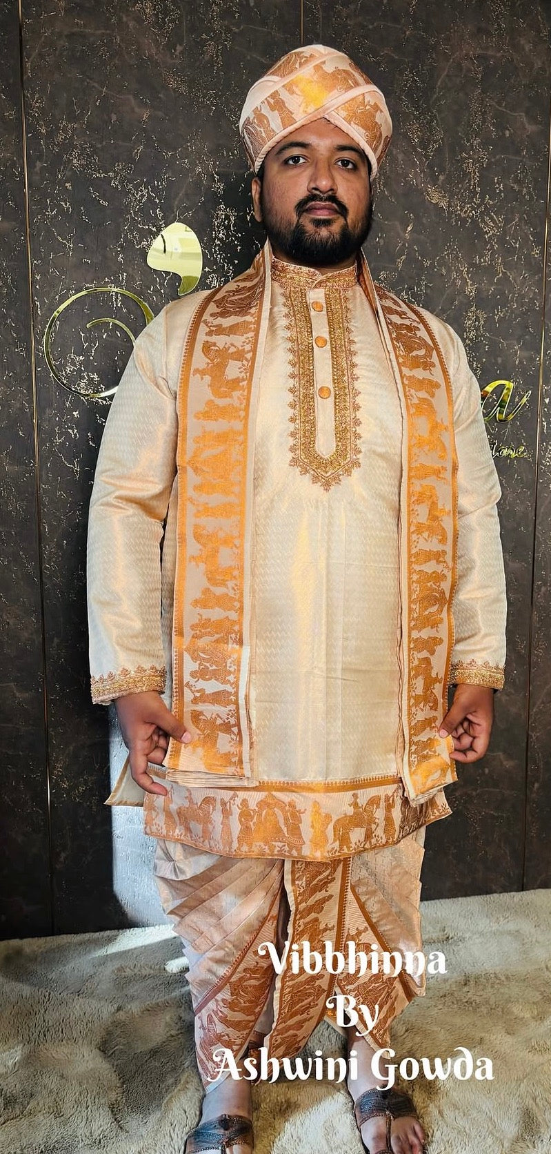 Majestic Cream and Gold Brocade Groom's Kurta, Dhoti, and Peta Ensemble | Client Spotlight