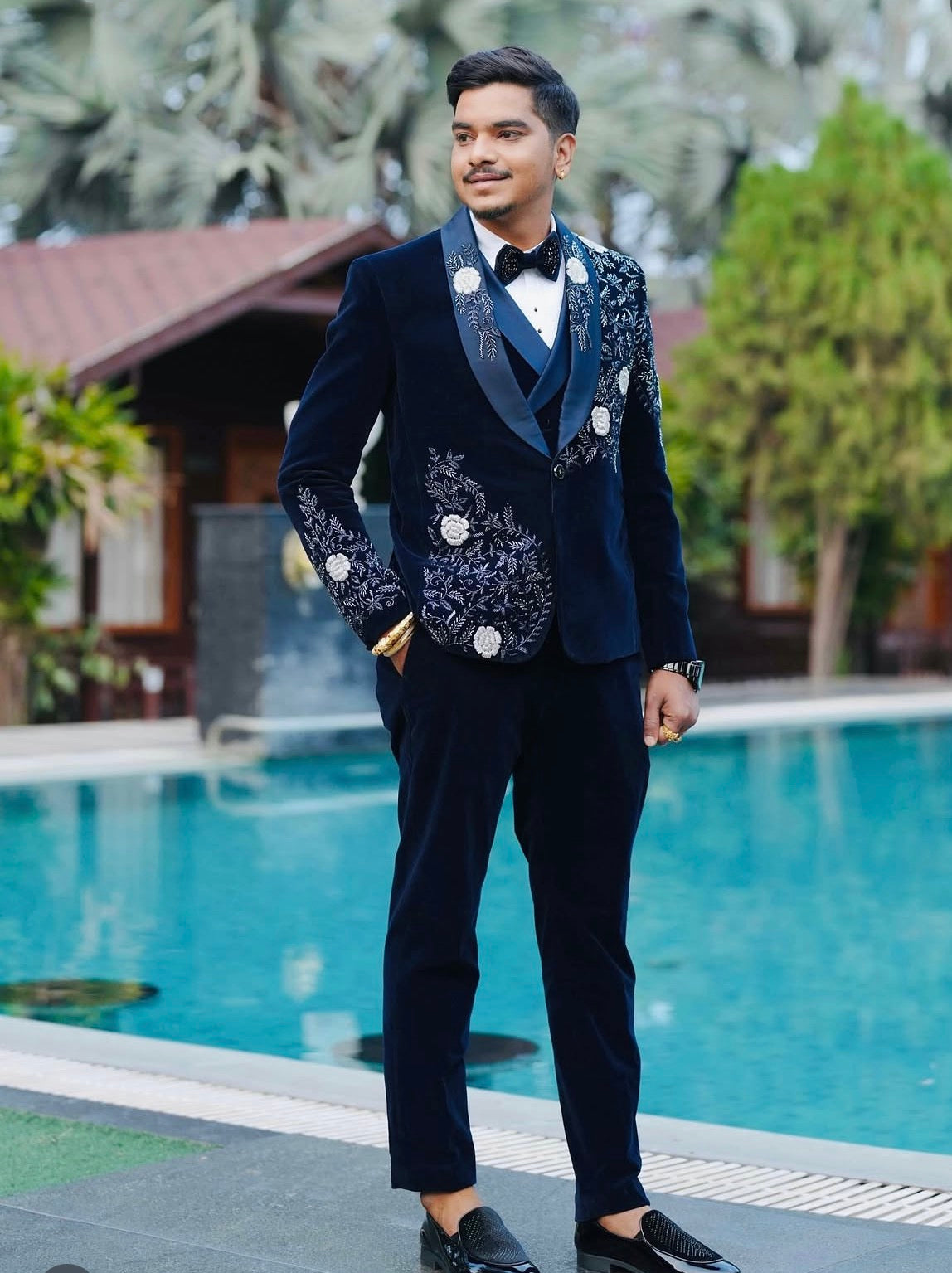 Midnight Blue Velvet Three-Piece Tuxedo with Hand-Embroidered Floral Appliqué | Client Spotlight