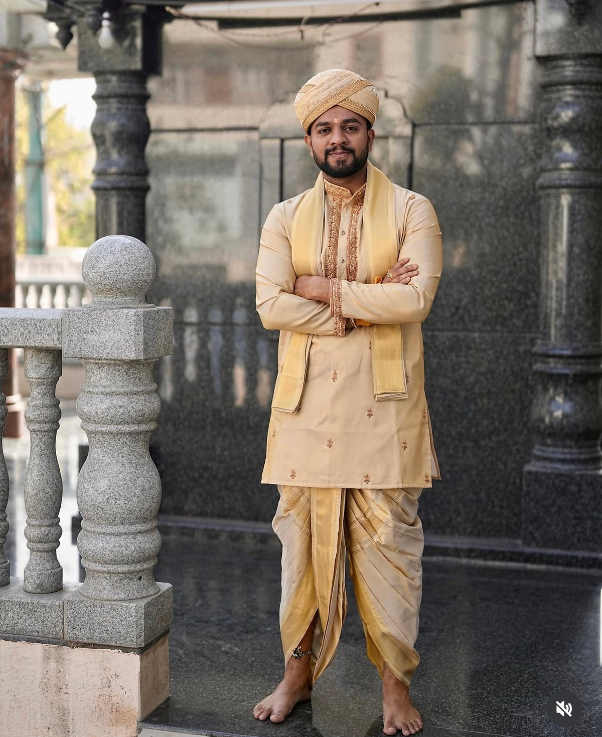 Golden Beige Silk Kurta & Dhoti Set with Zardozi Embroidery and Royal Peta | Client Spotlight