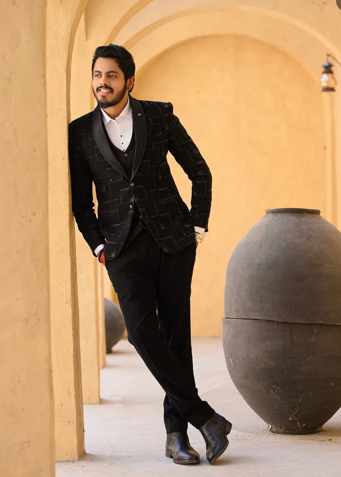 Onyx Black Geometric Textured Three-Piece Tuxedo Suit | Client Spotlight