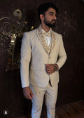 Cream Beige Three-Piece Tuxedo Suit with Gold Zardozi Embroidered Shawl Collar | Client Spotlight