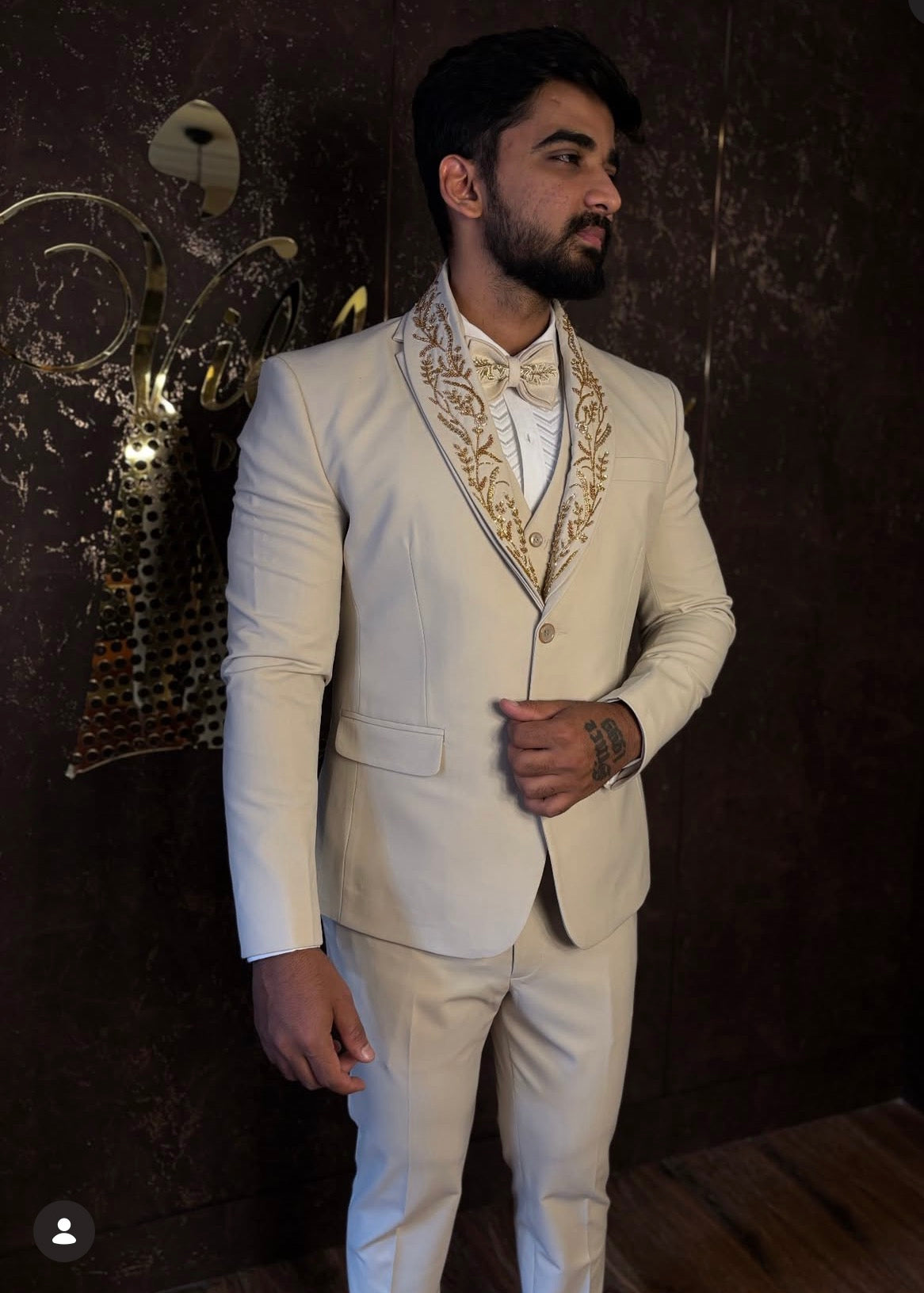 Cream Beige Three-Piece Tuxedo Suit with Gold Zardozi Embroidered Shawl Collar | Client Spotlight