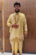 Gold Brocade Silk Kurta & Dhoti Ensemble with Elephant & Procession Zardozi Embroidery | Client Spotlight