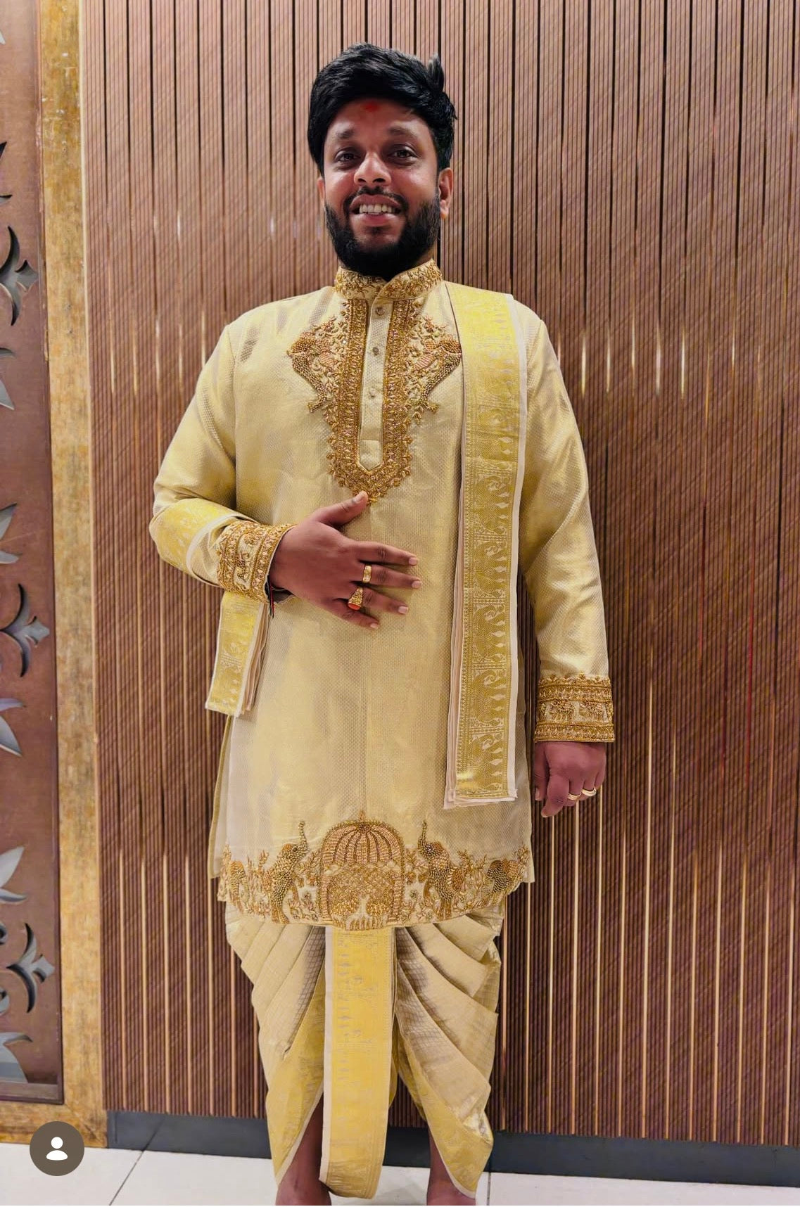 Gold Brocade Silk Kurta & Dhoti Ensemble with Elephant & Procession Zardozi Embroidery | Client Spotlight