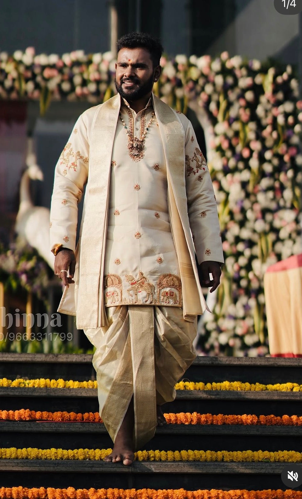 Opulent Champagne Gold Groom's Sherwani, Dhoti, and Procession Zardozi Set | Client Spotlight