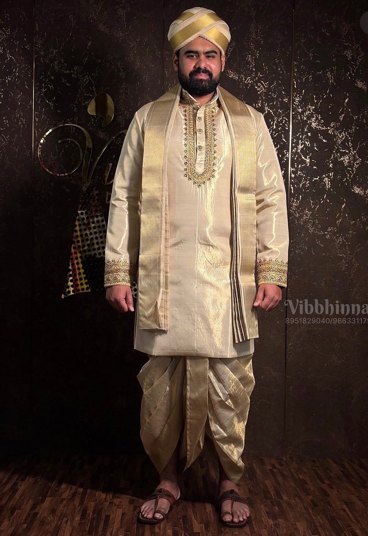 Regal Champagne Gold Silk Kurta, Dhoti, and Peta Groom Set | Client Spotlight