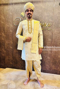 Cream Gold Brocade Groom's Kurta, Dhoti, and Peta Ensemble | Client Spotlight