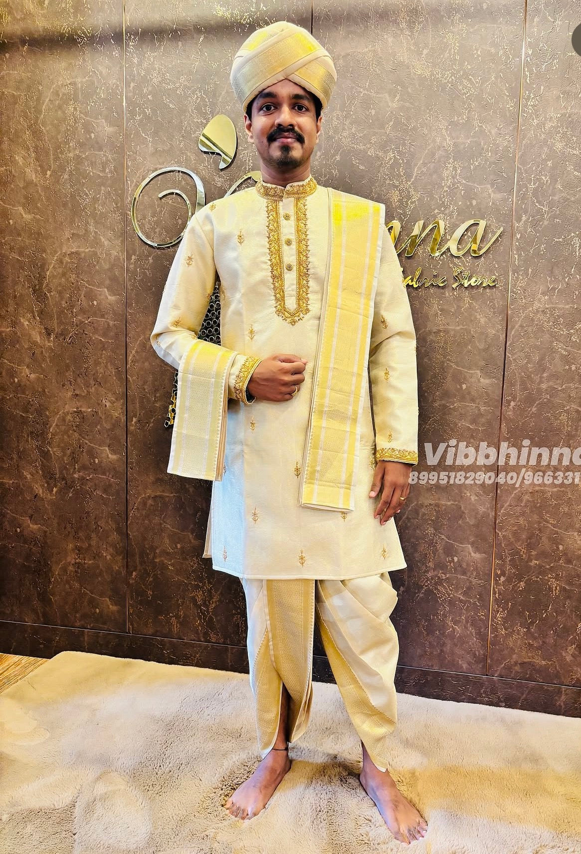Cream Gold Brocade Groom's Kurta, Dhoti, and Peta Ensemble | Client Spotlight