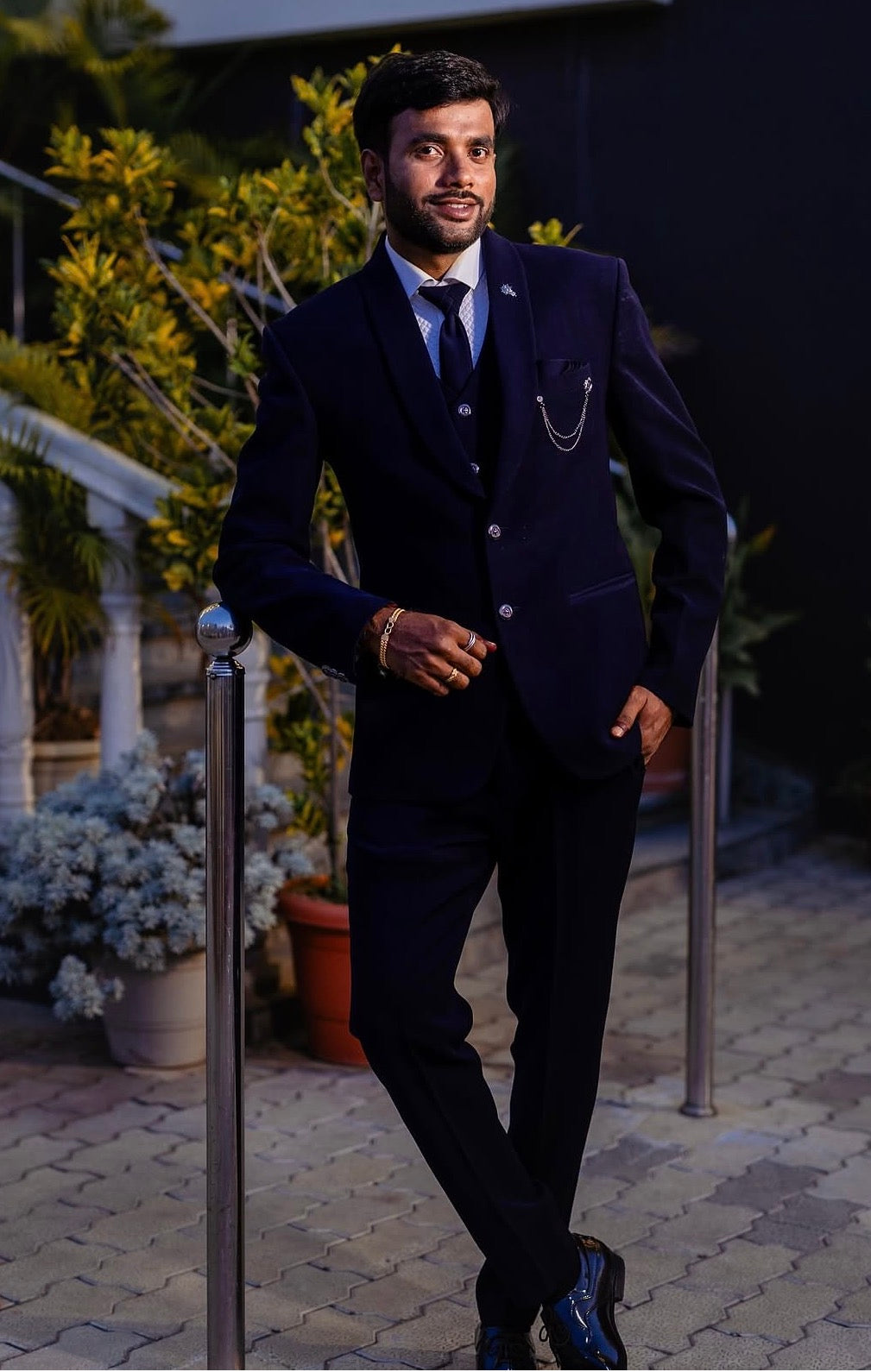 Midnight Blue Tailored Three-Piece Suit with Lapel Pin and Pocket Chain | Client Spotlight
