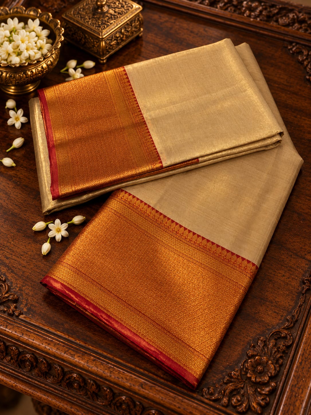 Luminous Champagne Gold Tissue Silk Traditional Dhothi Ensemble with Minimalist Body & Contrast Crimson Red Zari Border