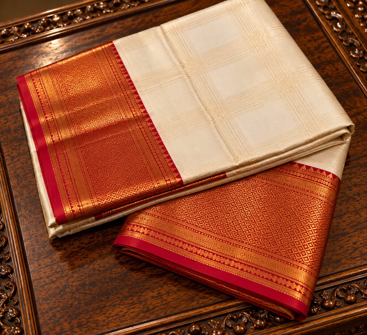 Ivory and Gold Checked Tissue Silk Traditional Dhothi Ensemble with Contrast Crimson Red Zari Border