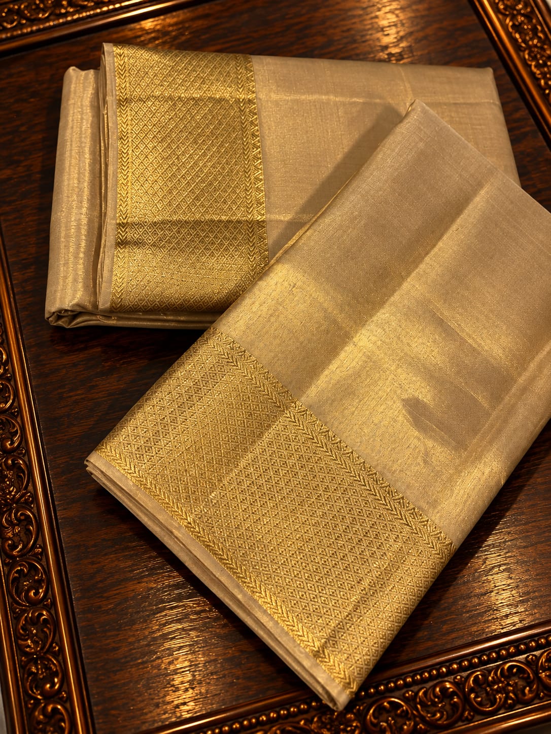 Luminous Champagne Gold Tissue Silk Traditional Dhothi Ensemble with Geometric Diamond Border