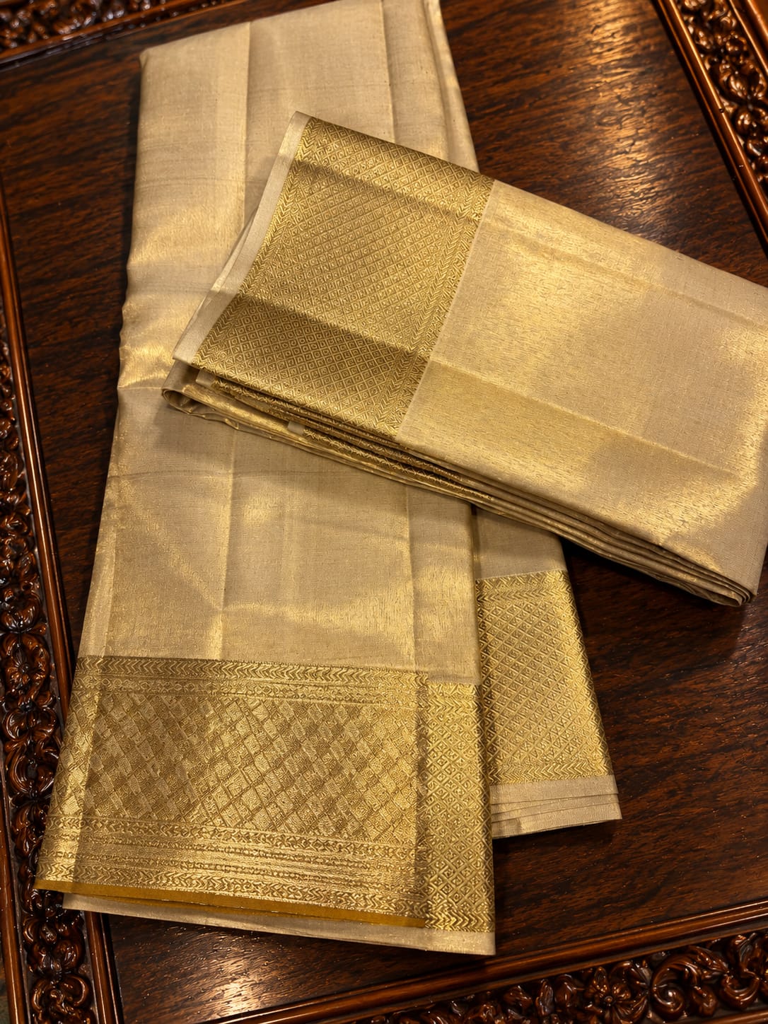 Luminous Champagne Gold Tissue Silk Traditional Dhothi Ensemble with Geometric Diamond Borde