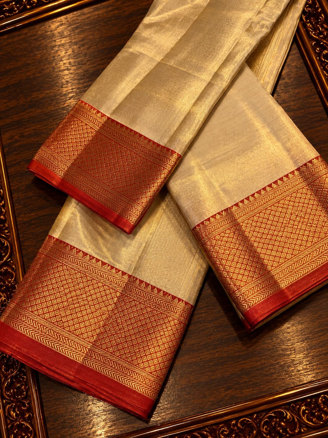 Luminous Off-White Tissue Silk Traditional Dhothi Ensemble with Contrast Crimson Red Zari Border