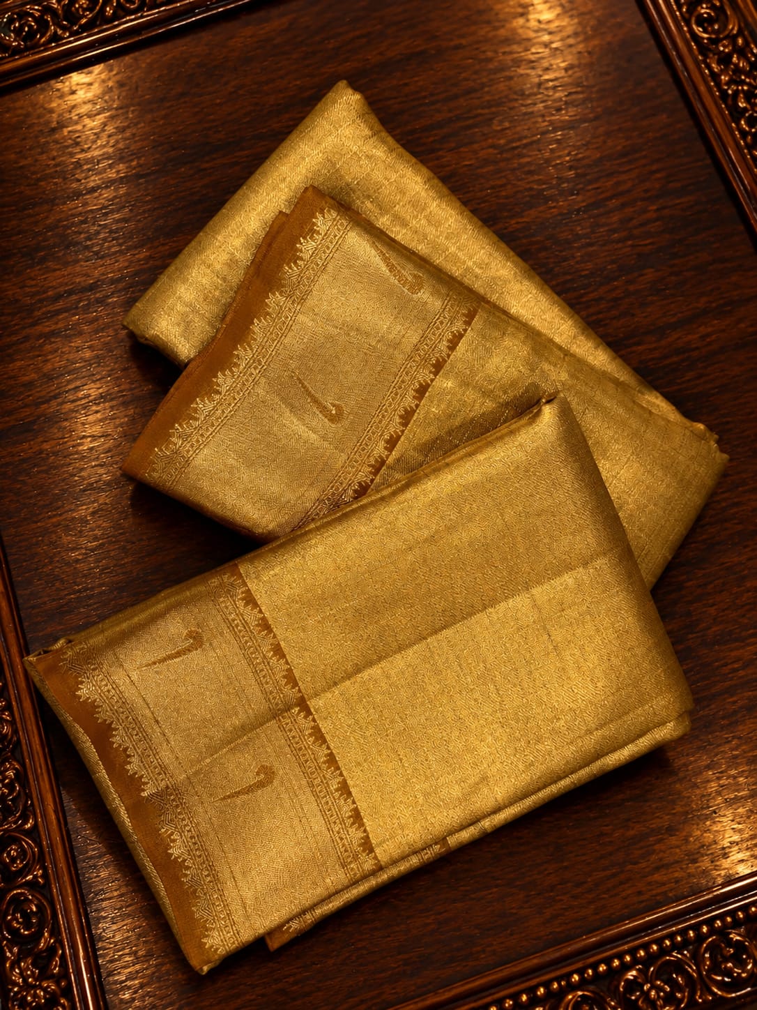 Radiant Antique Gold Tissue Silk Traditional Dhothi Ensemble with Intricate Zari Floral Vine Border