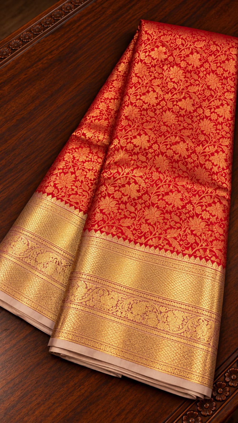 Regal Red Silk Saree with All-Over Gold Zari Jaal