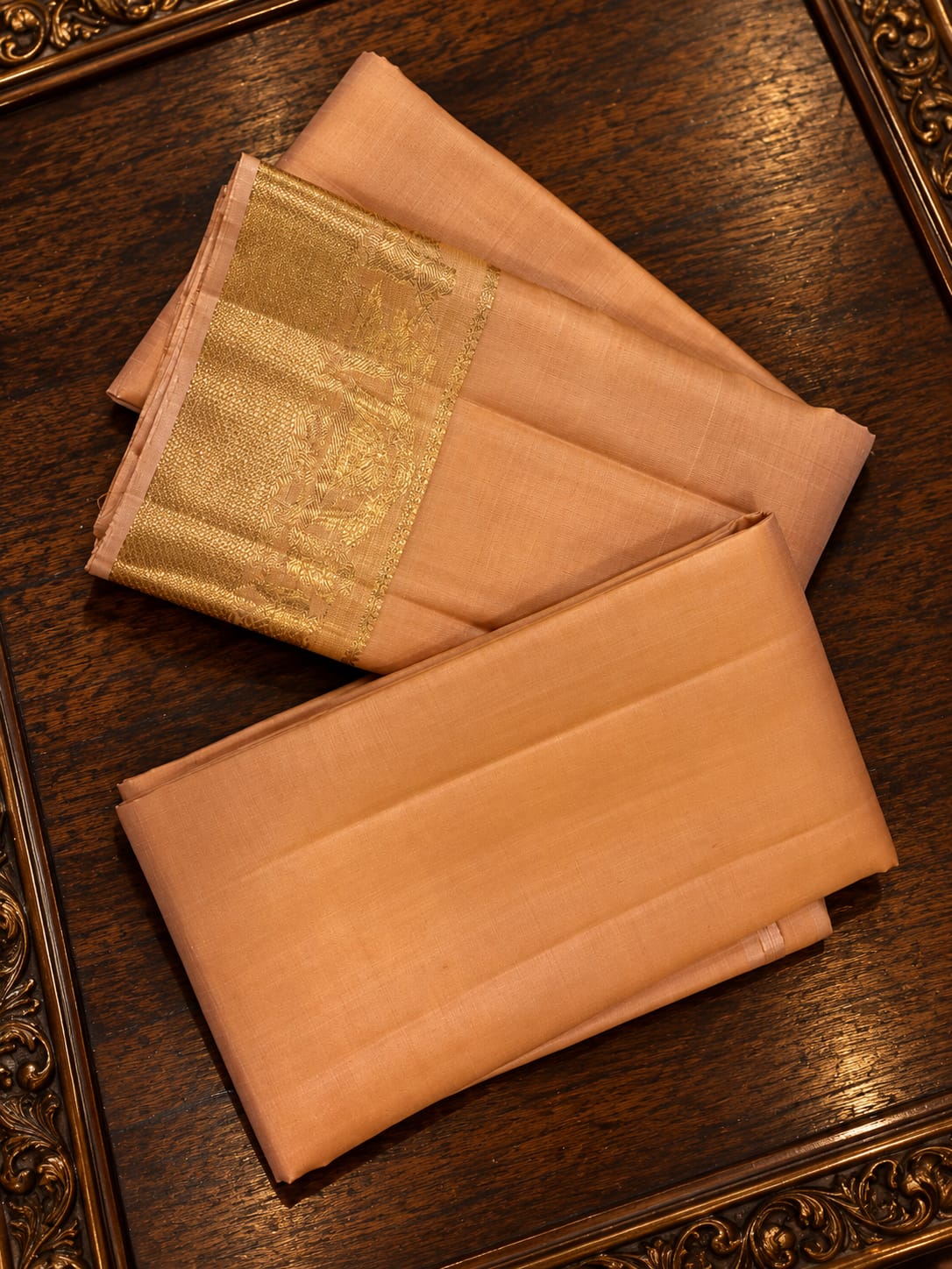 Peach Pink Tissue Silk Traditional Dhothi Ensemble with Minimalist Body & Zari Floral Border