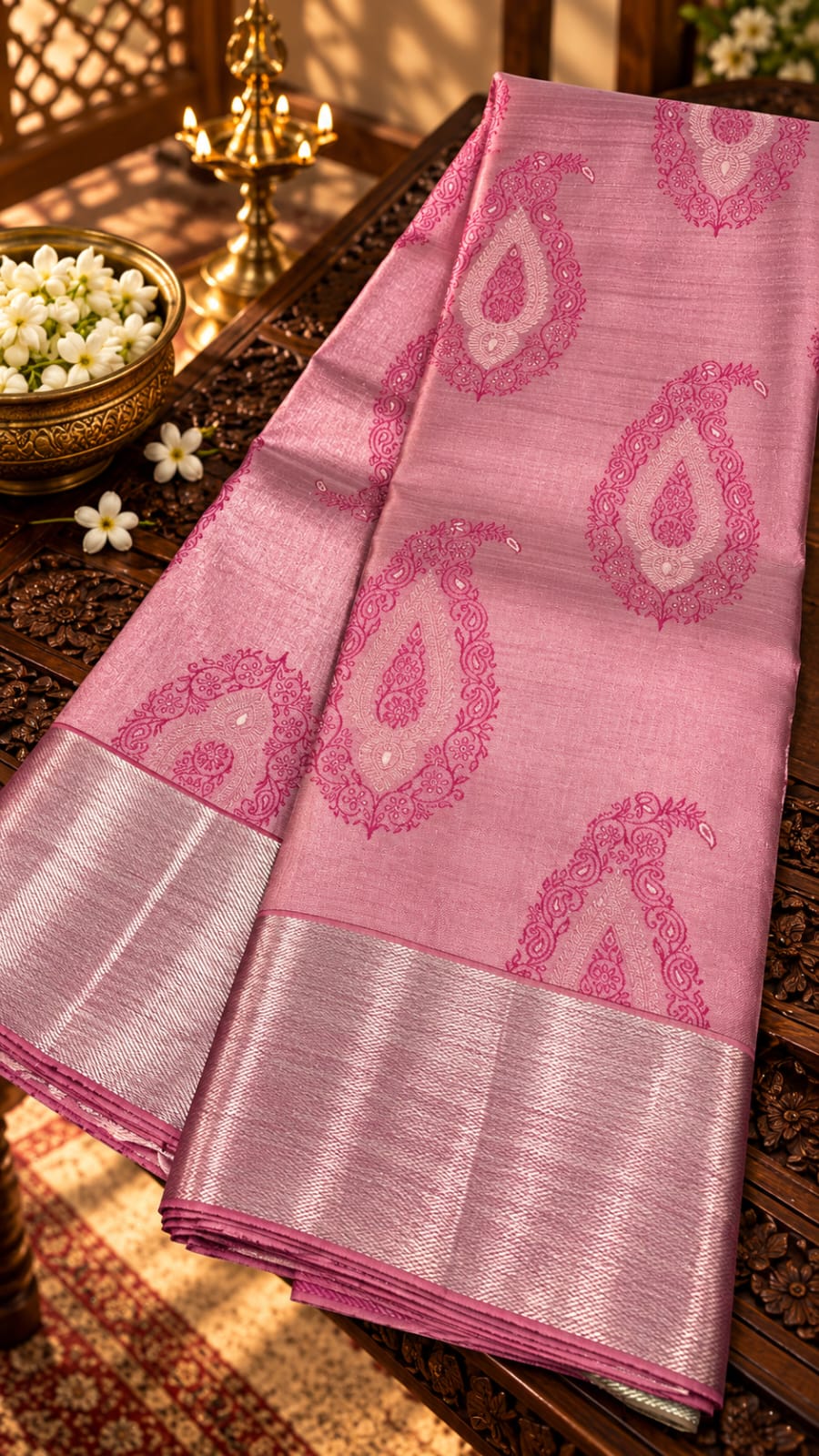 Soft Dusty Pink Silk Saree with Paisley Motifs and Silver Zari Border