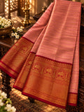 Coral Pink Silk Saree with Contrast Red Zari Border