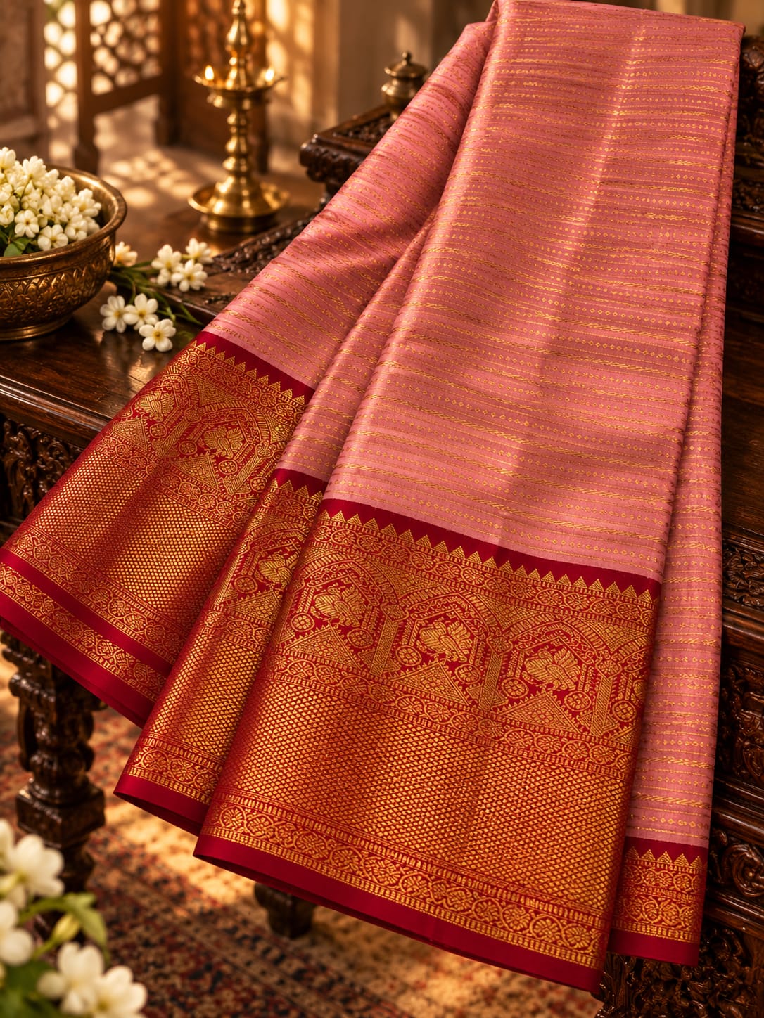 Coral Pink Silk Saree with Contrast Red Zari Border