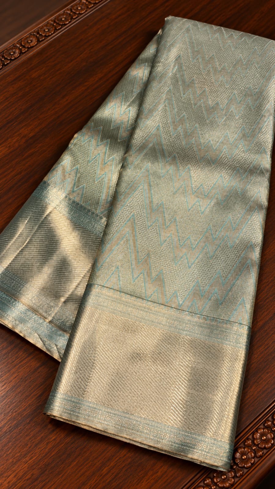 Metallic Sage Green Silk Tissue Saree with Sky Blue Chevron Weave