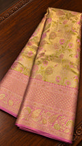 Metallic Gold Tissue Silk Saree with Floral Jaal and Pink Zari Border