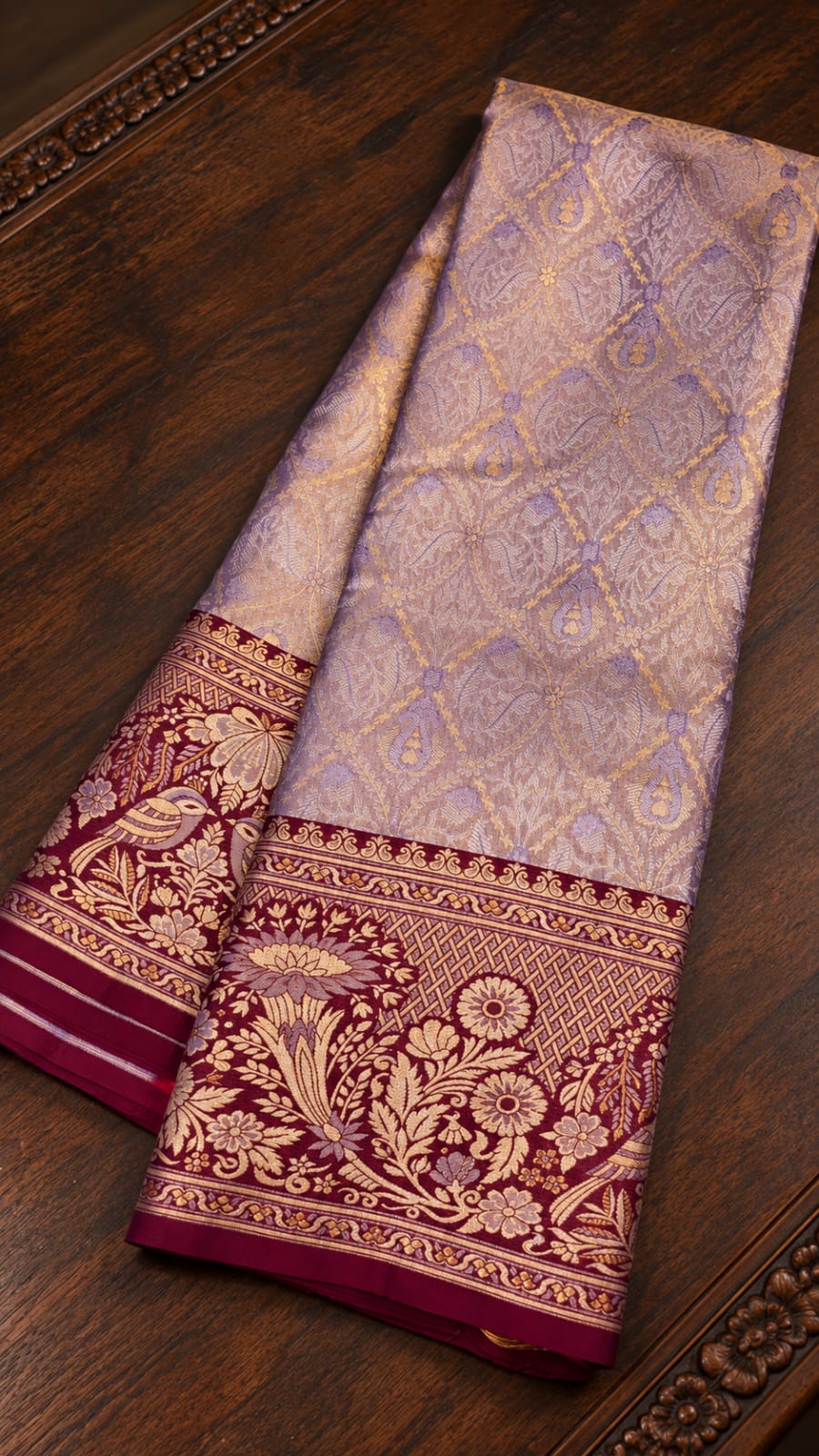 Pastel Lavender Silk Saree with Contrast Wine Red Zari Border
