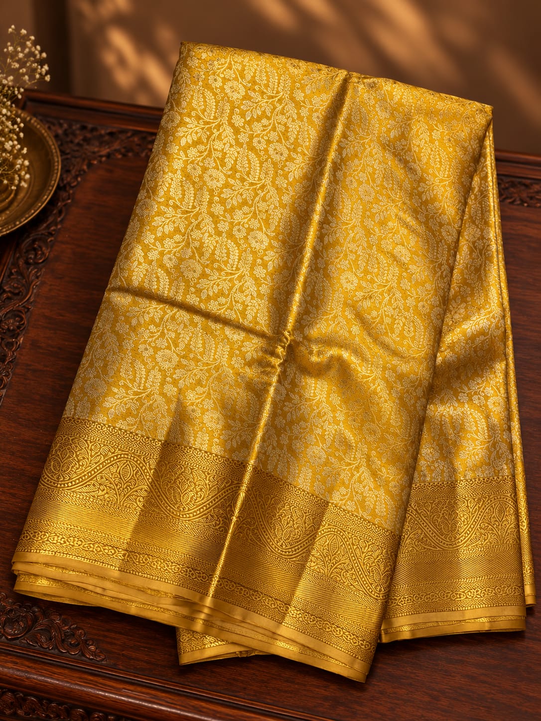 Vibrant Mustard Yellow Silk Saree with Fine Silver-Gold Zari Jaal
