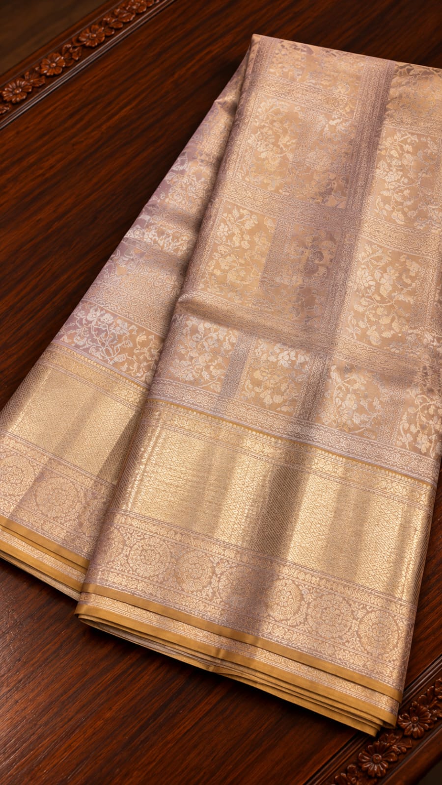 Pastel Champagne Gold Silk Saree with Floral Grid Weave & Zari Border