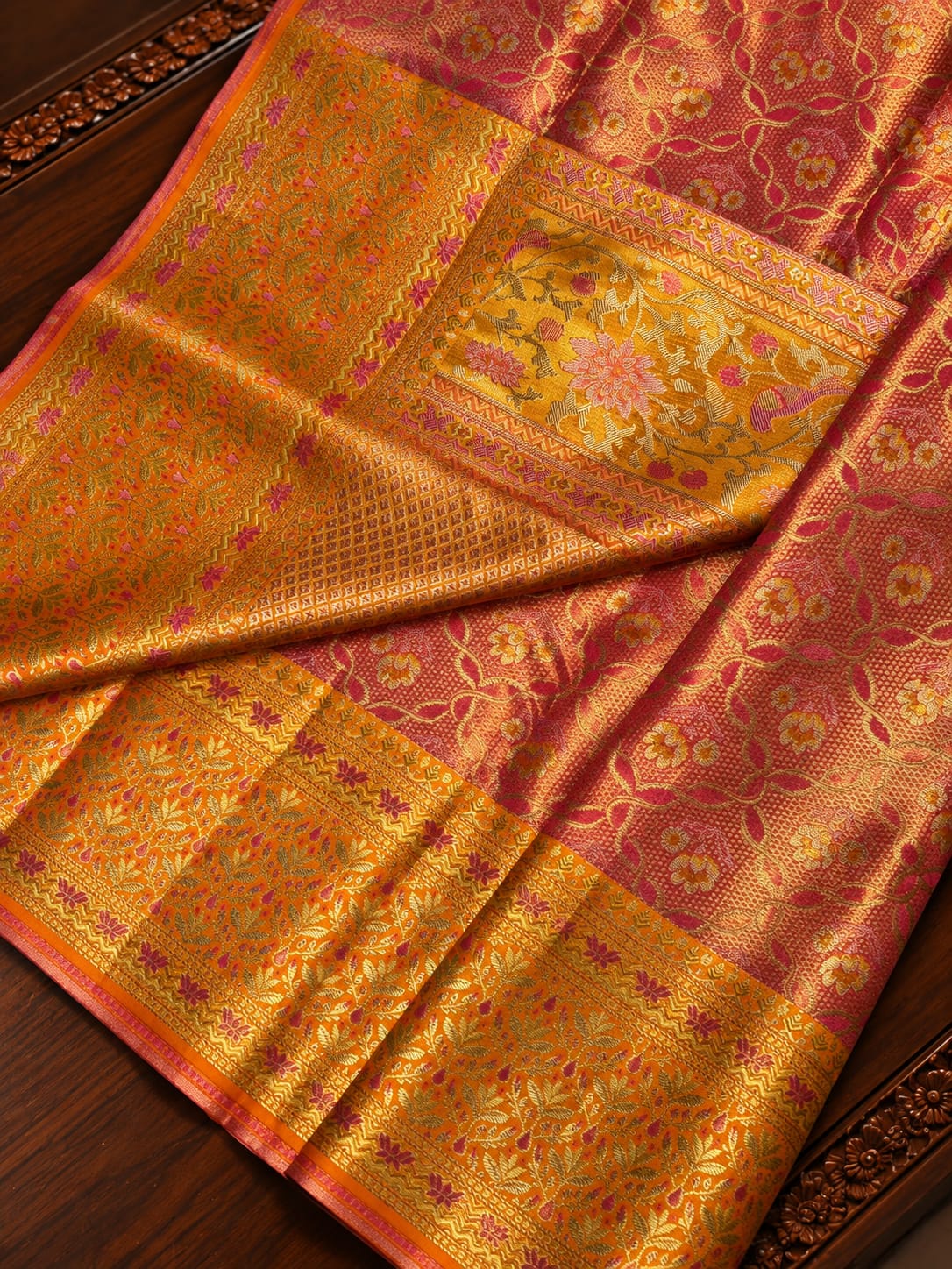 Vibrant Pink Silk Saree with Contrast Mango Orange Zari Pallu & Border