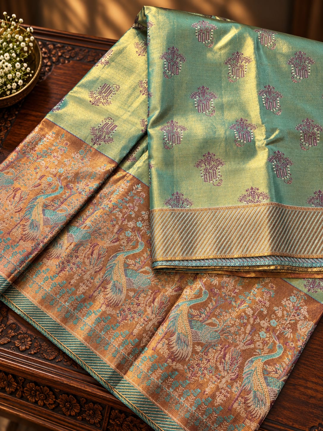 Dual-Tone Sea Green Silk Saree with Contrast Copper Peacock Pallu & Border