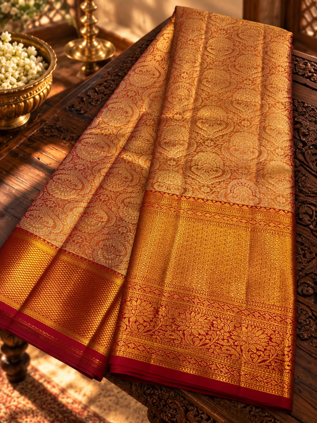 Warm Copper Gold Silk Saree with Contrast Crimson Red Zari Border