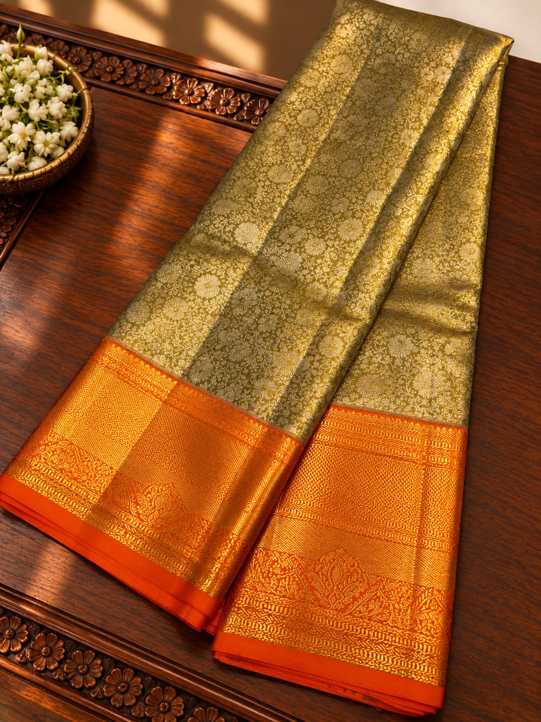 Olive Green Silk Saree with Contrast Vibrant Orange Zari Border