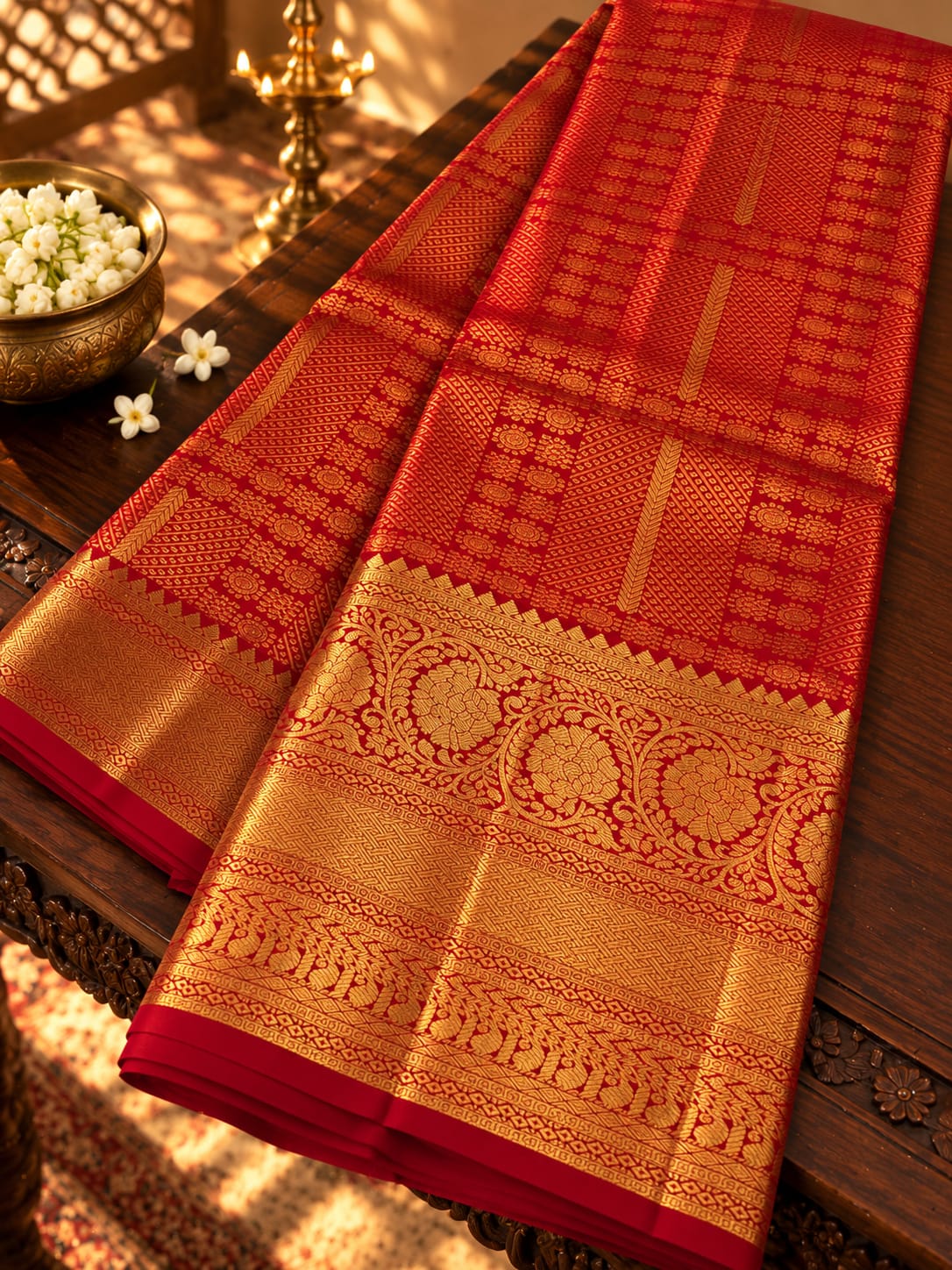 Traditional Scarlet Red Silk Saree with Intricate Gold Zari Brocade & Grand Border