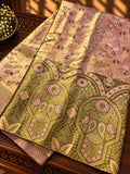 Dusty Rose Pink Tissue Silk Saree with Contrast Olive Green Zari Border