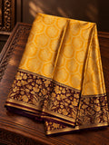 Vibrant Mango Yellow Silk Saree with Contrast Maroon Floral Zari Border
