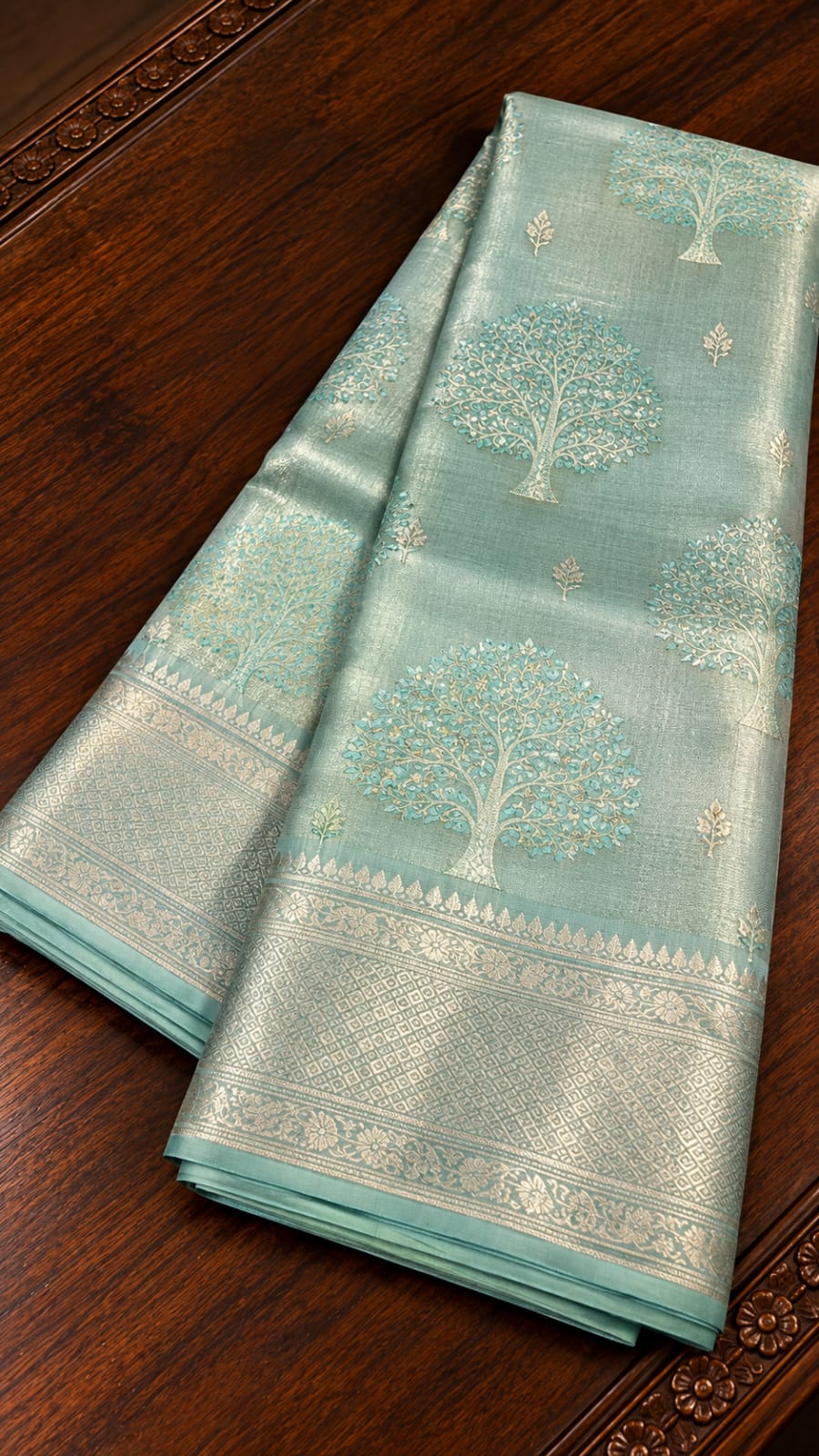 Mint Aqua Tissue Silk Saree with Silver Zari Tree Motifs & Border