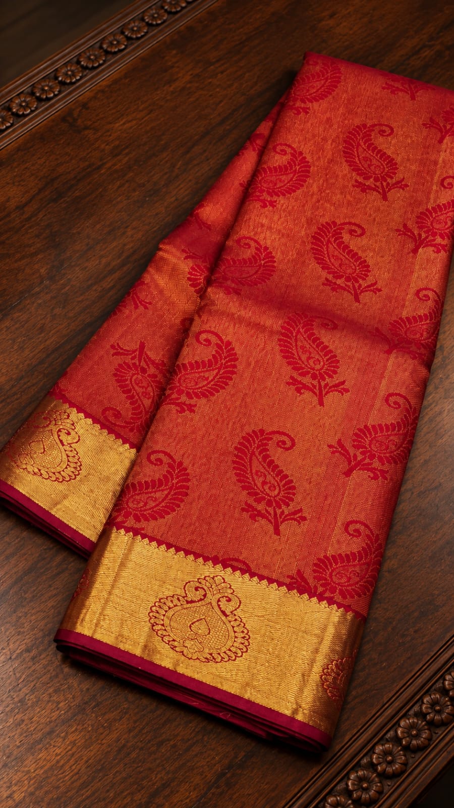 Vermilion Red Dual-Tone Silk Saree with Paisley Motifs & Gold Zari Border
