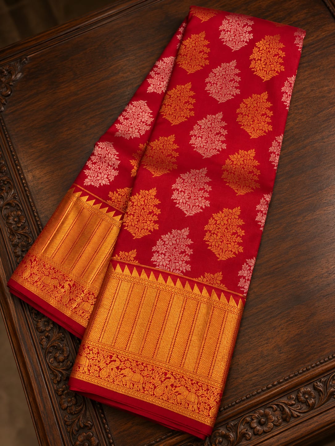 Classic Crimson Red Silk Saree with Dual-Tone Floral Tree Motifs & Temple Zari Border