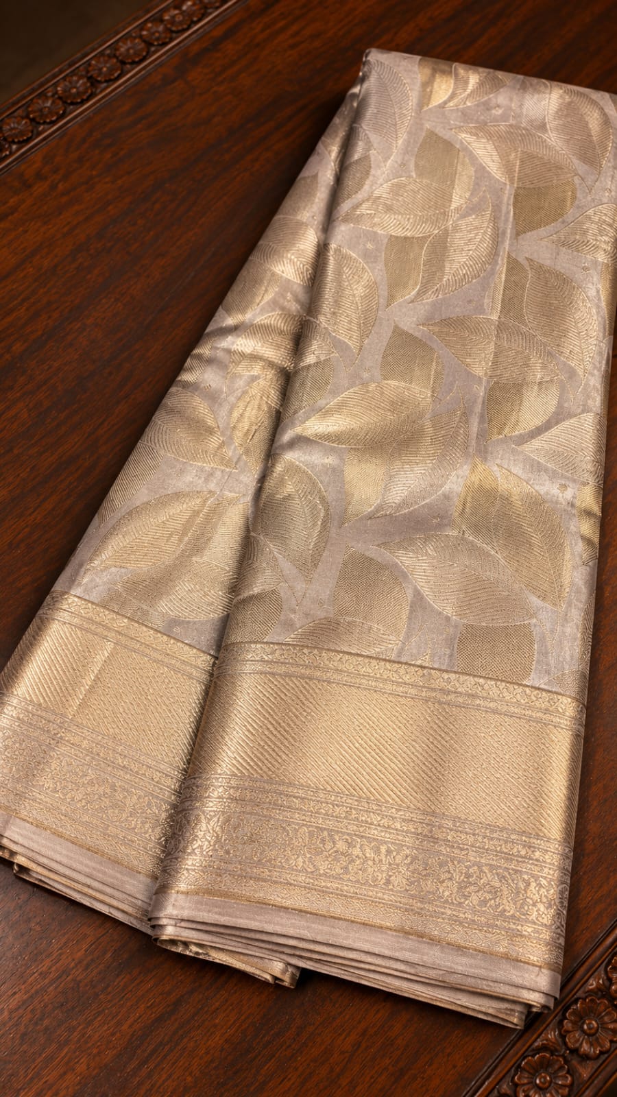 Champagne Silver Tissue Silk Saree with All-Over Gold Leaf Motifs & Textured Zari Border