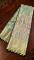 Sage Green Tissue Silk Saree with Geometric Wave Motifs & Muted Gold Zari Border