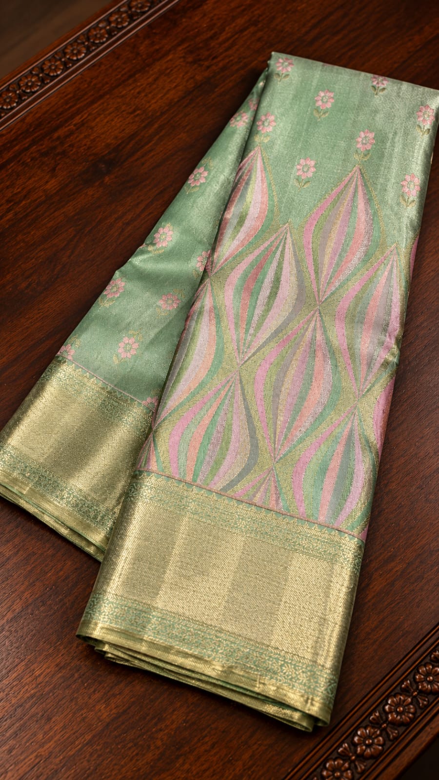 Sage Green Tissue Silk Saree with Geometric Wave Motifs & Muted Gold Zari Border