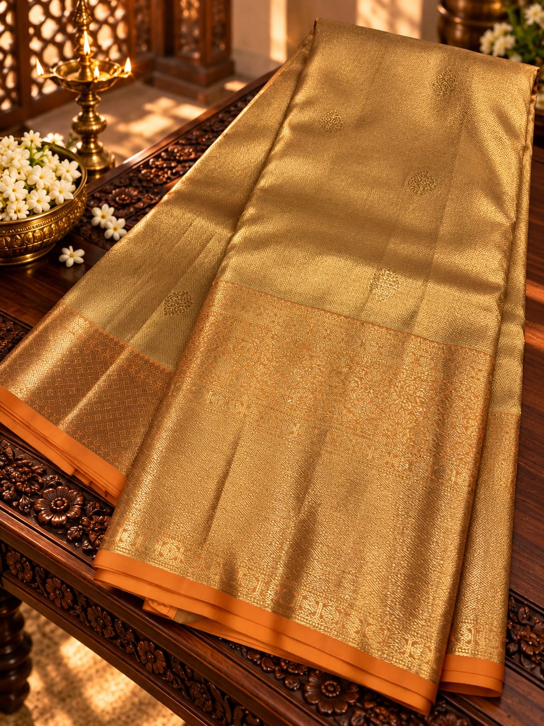 Radiant Liquid Gold Tissue Silk Saree with Chevron Weave & Broad Zari Border