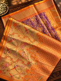 Golden Yellow Tissue Silk Saree with Floral Parrot Weave & Contrast Purple Panels