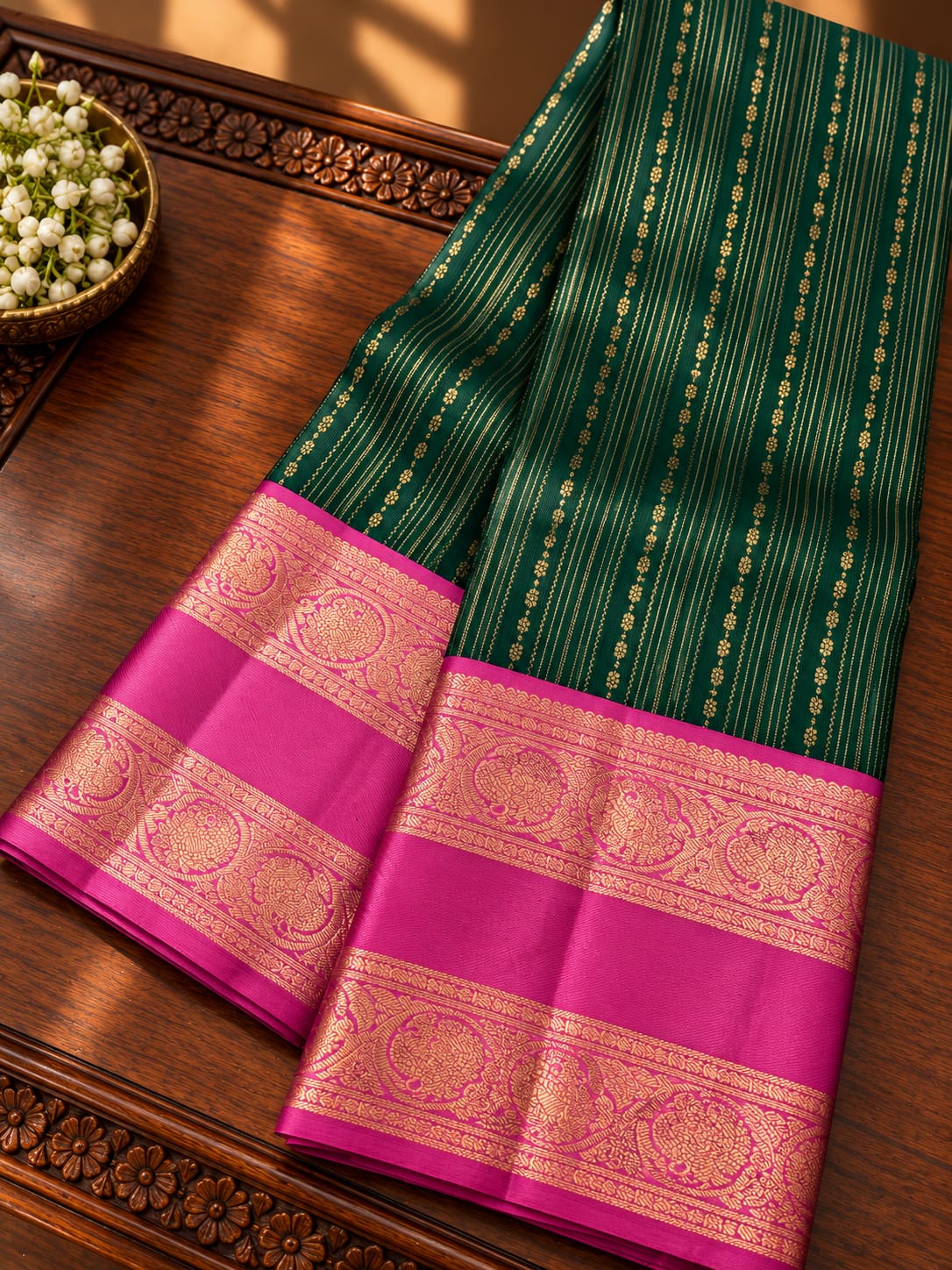 Deep Emerald Green Silk Saree with Gold Zari Pinstripes & Contrast Fuchsia Pink Border