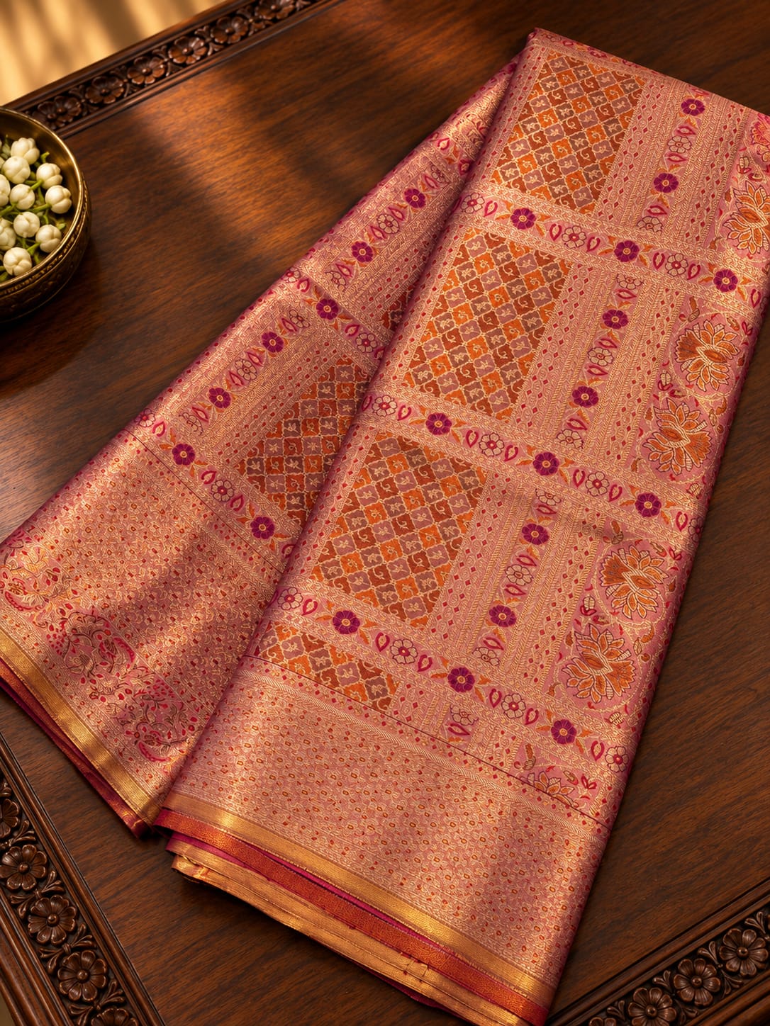 Coral Pink & Ochre Silk Saree with Geometric Grid Weave & Magenta Floral Accent Borders